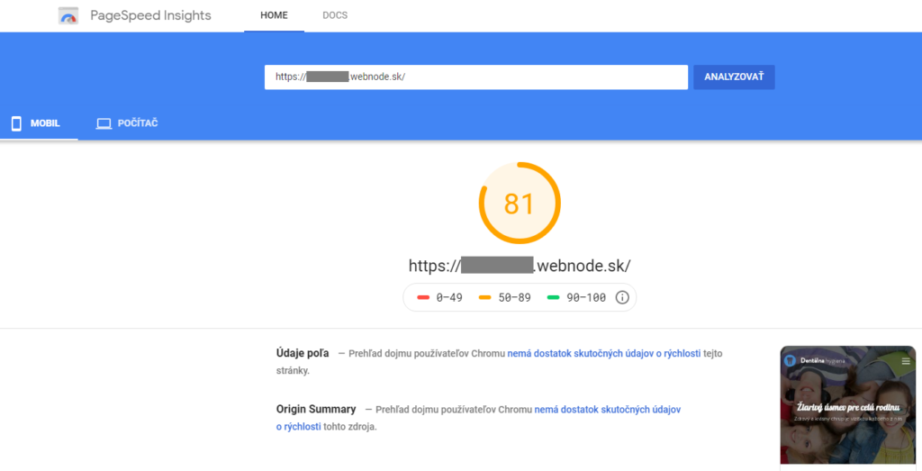 Webnode recenzia test rýchlosti stránok pomocou Google PageSpeed Insights