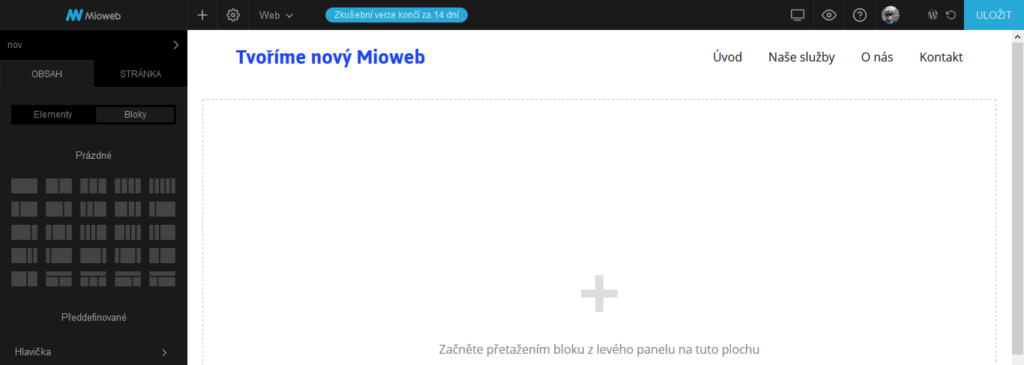 MioWeb recenzia - editor rozvrhnutia stránky