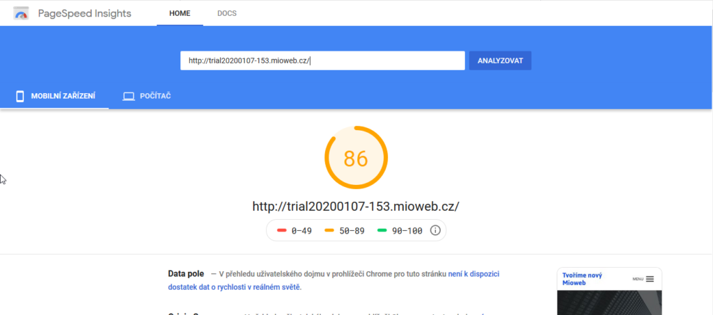 MioWeb recenzia test rýchlosti webových stránok