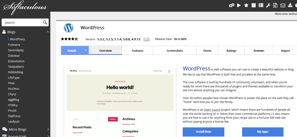 Recenzia Bluehost - inštalácia WordPressu na kliknutie pomocou Softaculous