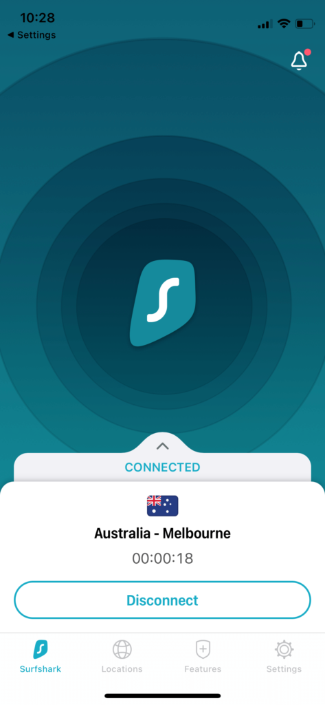 Surfshark VPN recenzia: iOS aplikácia úvodná obrazovka