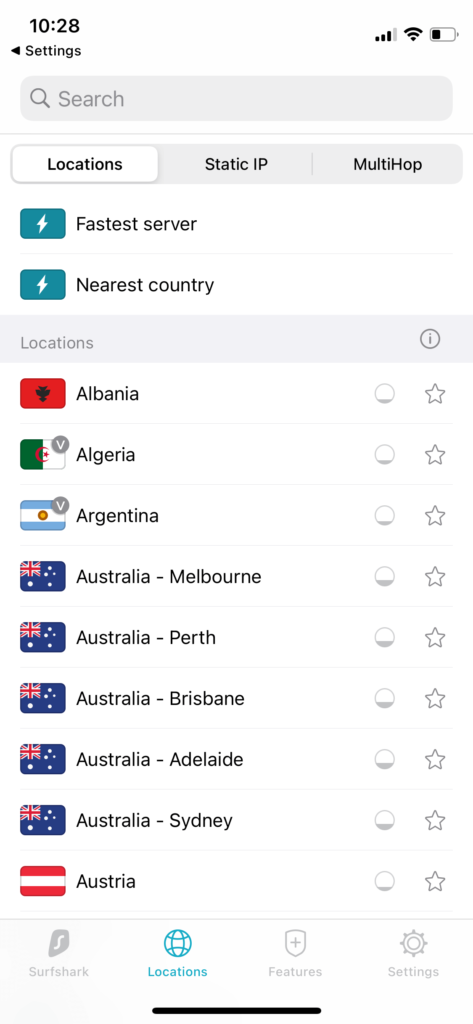 Surfshark VPN recenzia: iOS aplikácia lokality