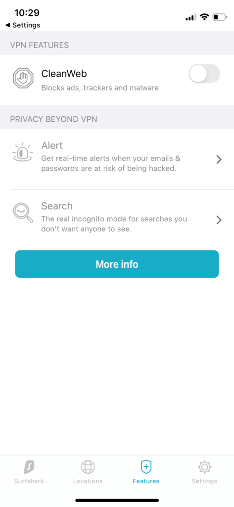 Surfshark VPN recenzia: iOS aplikácia funkcie