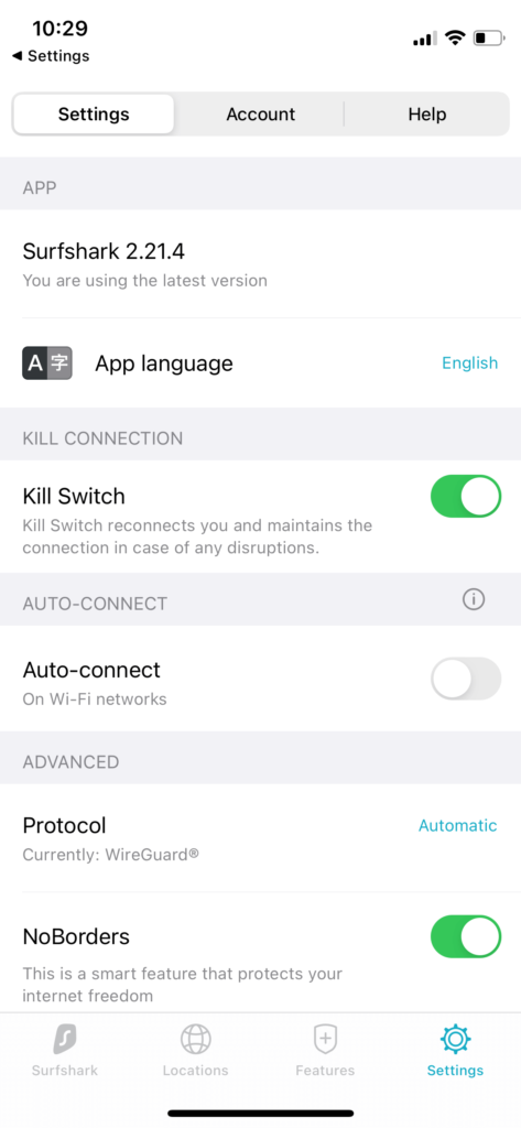 Surfshark VPN recenzia: iOS aplikácia nastavenia